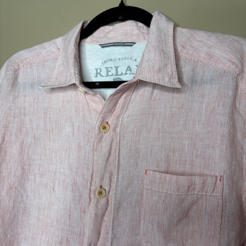 Tommy Bahama Relax Mens Large Pink White Striped 100% Linen Button Front Shirt - Picture 4 of 8